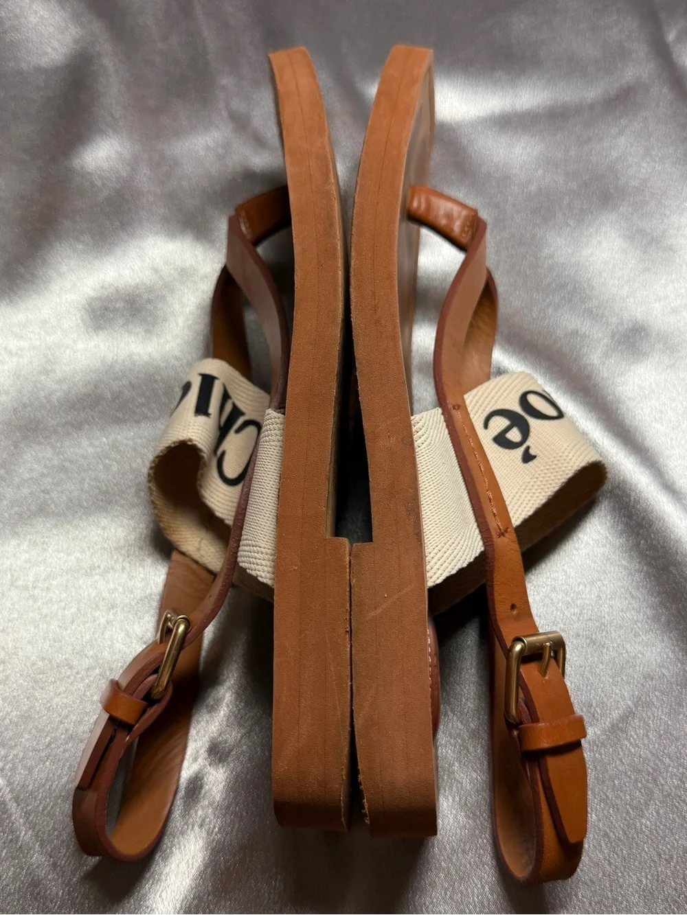CHLOE Woody Flat Sandal Thong Slingback Logo Canvas Tan EU 35 US 5